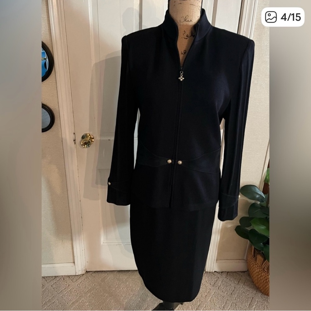 St. John Black Suede Knit Skirt Suit